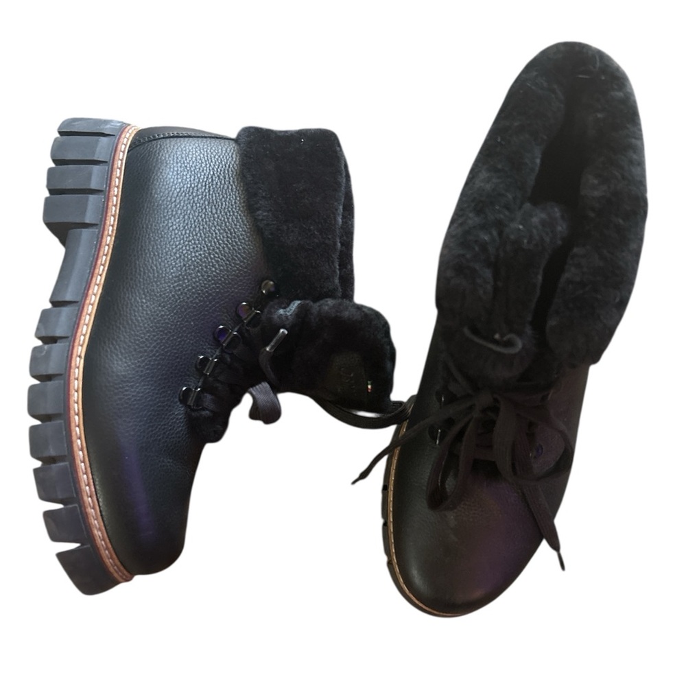 Oscar Sport Black Leather Shearling Fur Trim Boots Lug Sole Women’s Size 39(8.5)